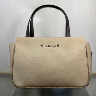 BURBERRYs Beige Canvas Haymarket Check Brown Leather Trim Tote Bag