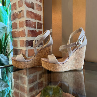 JIMMY CHOO Pink Woven Silver Metallic Cork Wedges SZ 35.5 (US 5.5)