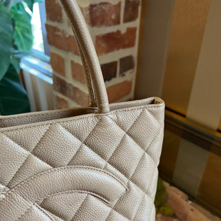 CHANEL Medallion Beige Quilted Caviar Leather Tote Bag