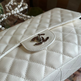 CHANEL White Caviar Jumbo Single Flap Shoulder Bag