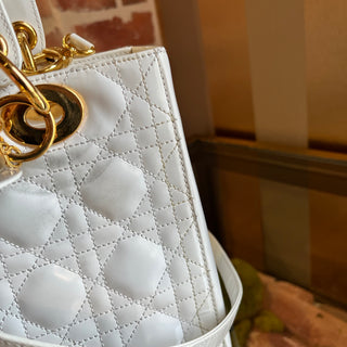 DIOR White Medium Lady Dior Vintage Patent Leather