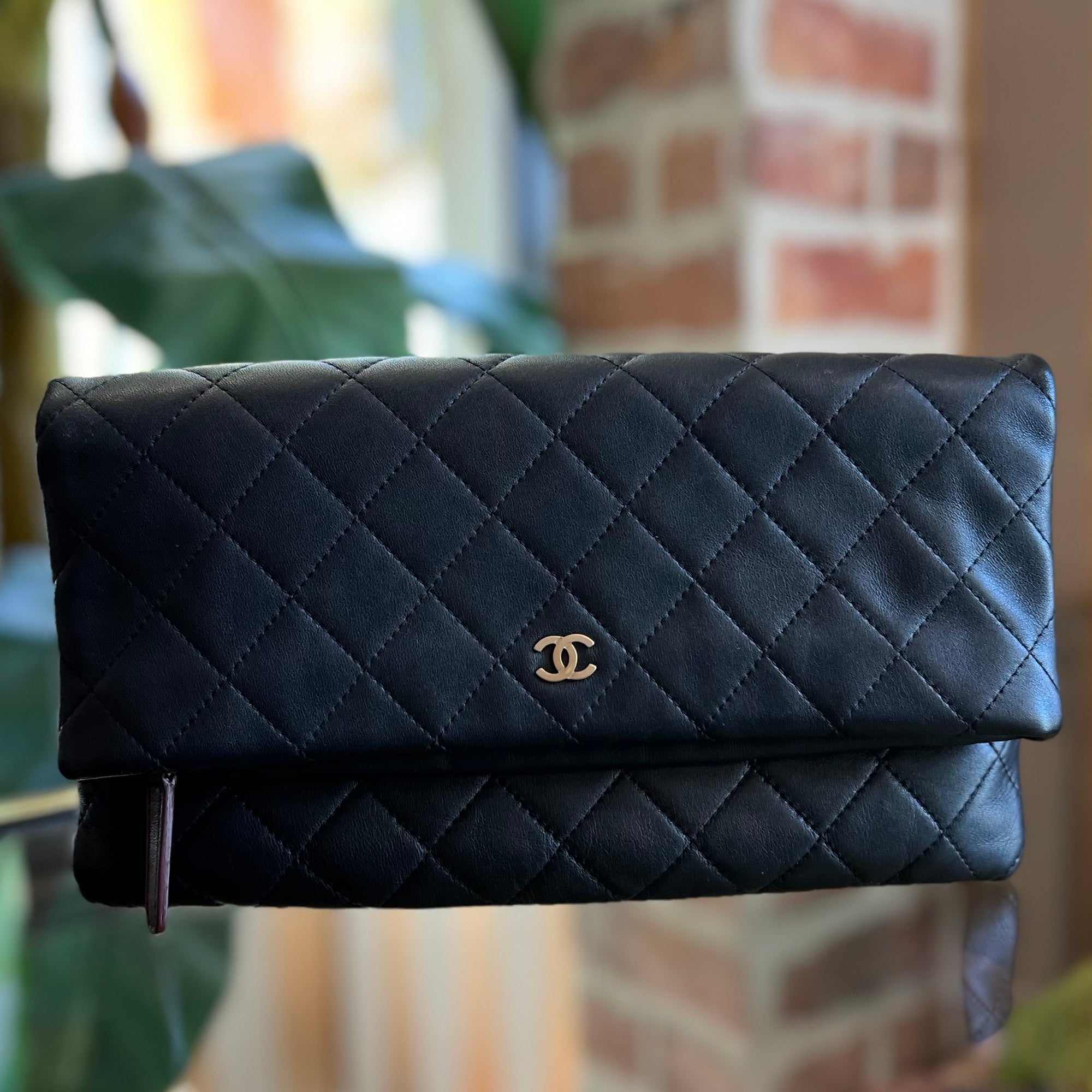 CHANEL Black Lambskin Quilted Leather Beauty Fold Over Clutch TS3177
