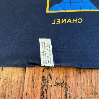 CHANEL Mademoiselle Chain Blue Black Silk Vintage Scarf