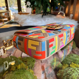 FENDI Baguette FF Embroidered Vitello Canvas Shoulder Bag