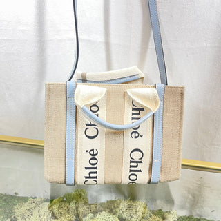 CHLOE Beige & Blue Stripe Canvas Tote Bag