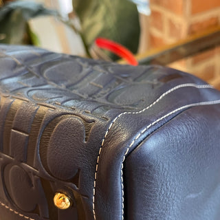 CAROLINA HERRERA Boston Navy Blue Embossed Leather Satchel Bag