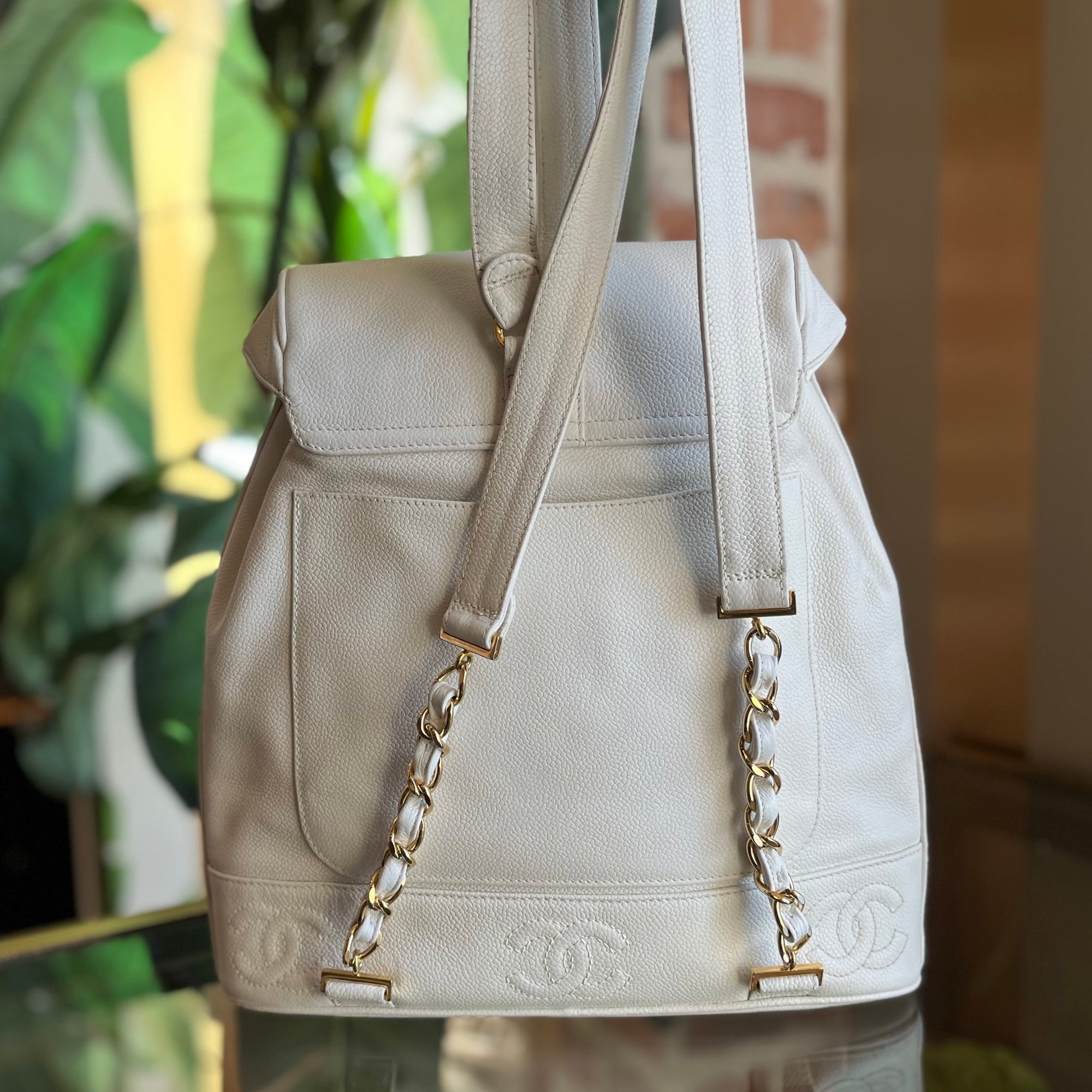 CHANEL White Caviar Leather Triple CC Backpack