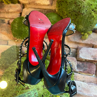 CHRISTIAN LOUBOUTIN Choca Spikes 100 Black Leather Heeled Sandals SZ35.5(5.5US)