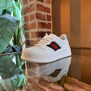 GUCCI GG White Web Perforated Leather Sneakers W/Blue SZ 35.5 (US 5.5)