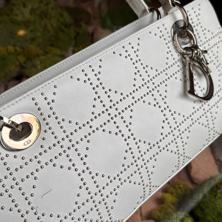 DIOR Lady Dior East West White Calfskin Leather Studded Tote Bag