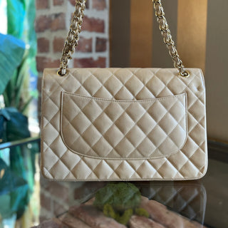 CHANEL Classic Jumbo Double Flap Beige Quilted Caviar Shoulder Bag