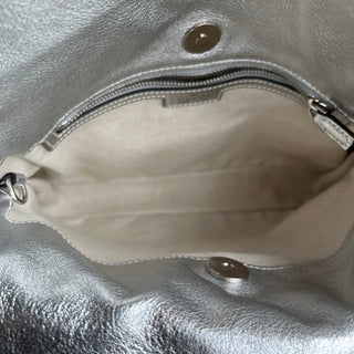 GUCCI Diagonal Blondie Metallic Silver Leather Tote Bag