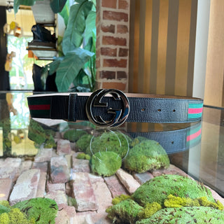 GUCCI Interlocking G Green & Red Web Stripe Canvas Belt SZ105/42(14US)