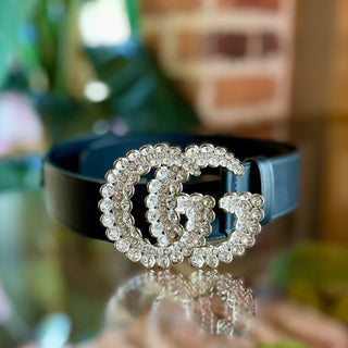 GUCCI Double G Bedazzled Logo Black Leather Belt 85-34(6US)