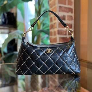 CHANEL Small Black Surpique Wild Stitch Lambskin Hobo
