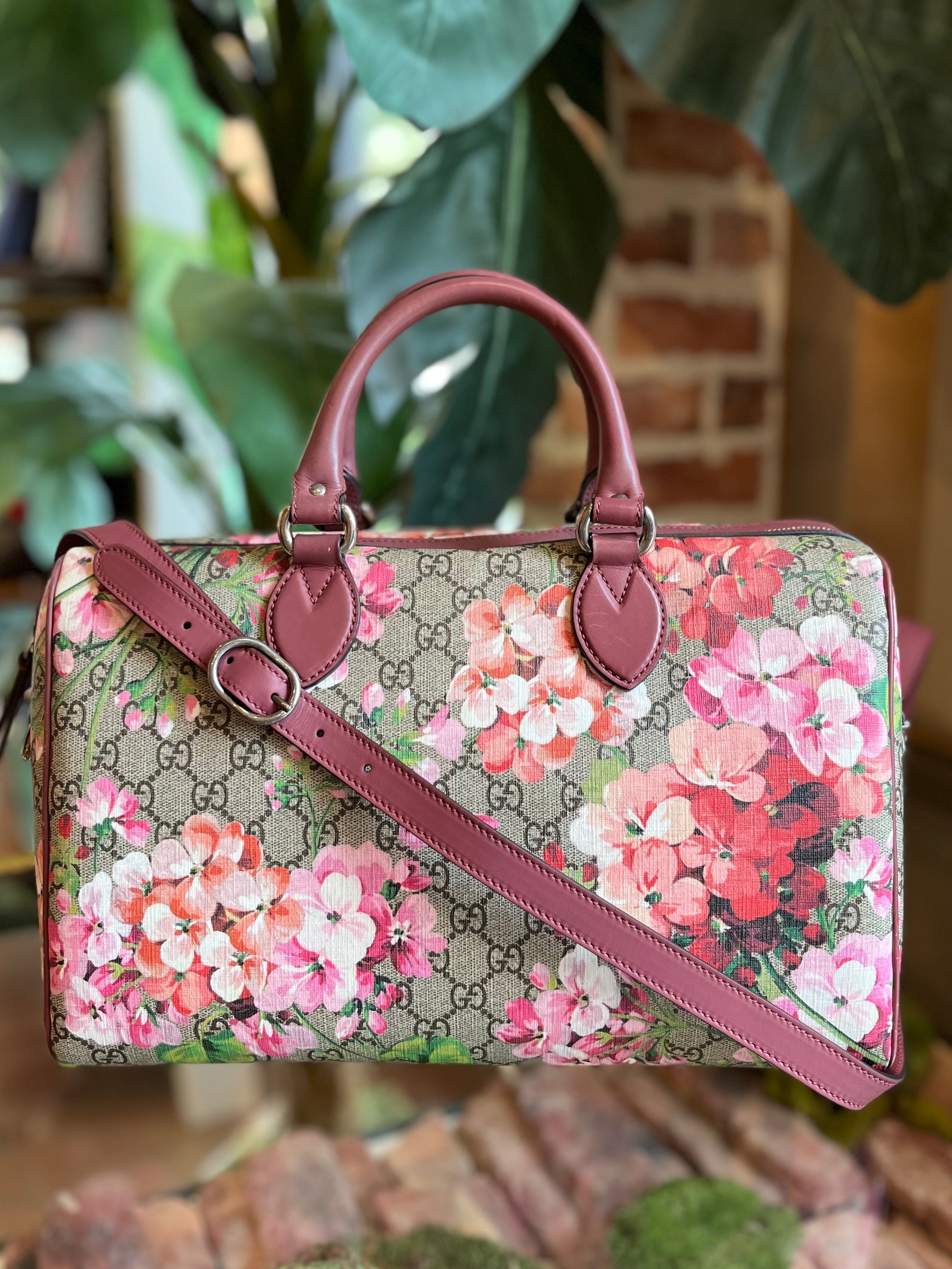 GUCCI Pink GG Supreme Blooms Coated Canvas Medium Top Handle Boston Bag