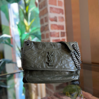 SAINT LAURENT Medium Niki Green Quilted Crinkled Leather Shoulder Bag