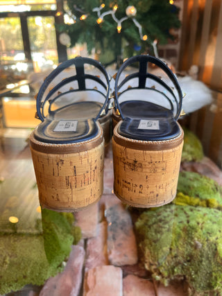 VALENTINO  Navy Blue Rockstud Cork Sandals SZ 37.5