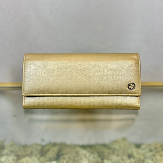 GUCCI GG Logo Gold Leather Long Wallet