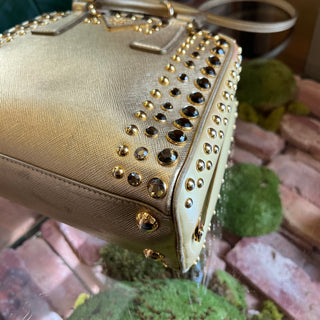 PRADA Pyramid Studded Gold Saffiano Lux Leather Satchel