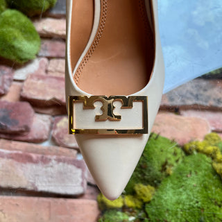 TORY BURCH T Logo White Leather Heels SZ 8.5