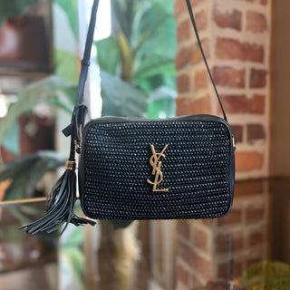 SAINT LAURENT Lou Black Raffia Camera Crossbody