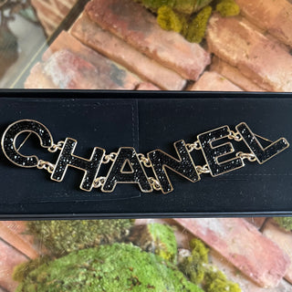 CHANEL Black Strass Logo Metal Brooch