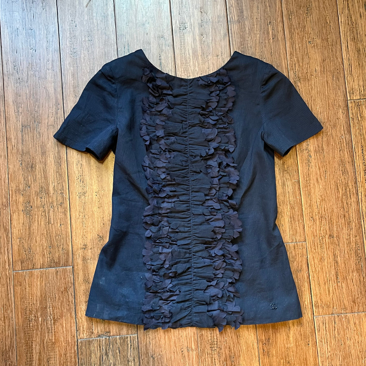 CHANEL Navy Blue Cotton Backless Ruffled Blouse SZ36