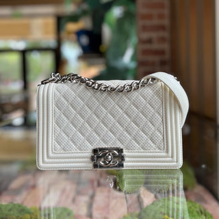 CHANEL Medium Boy Bag White Perforated Leather Shoulder Bag
