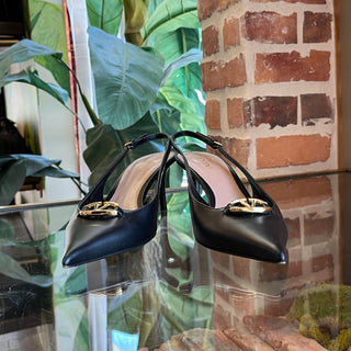 VALENTINO The Bold V Logo Black Leather Slingback Pumps SZ40(10US)