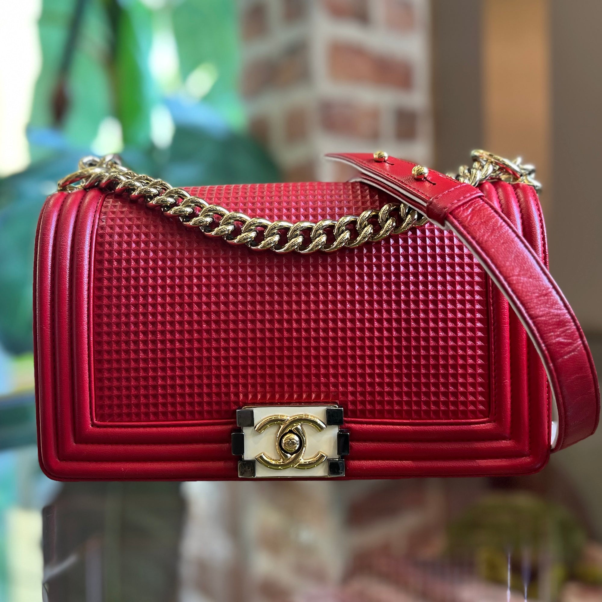 CHANEL Red Cube Embossed Lambskin Leather Boy Bag TS3123