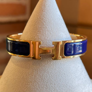 HERMES Blue Enamel Yellow Gold Metal Clic H Bracelet