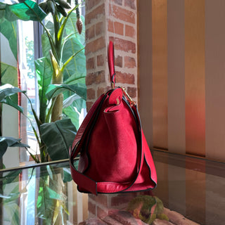 CELINE Small Trapeze Red Pebbled Calfskin Suede Leather Tote Bag
