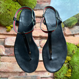 GUCCI Web Stripe Black Leather Thong Sandals SZ 37.5 (US 7.5)