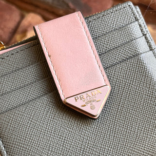 PRADA Small Gray Pink Saffiano Smooth Leather Wallet