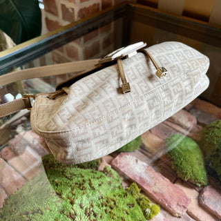 FENDI Medium Drawstring Flap Zucca Canvas Leather Hobo Bag