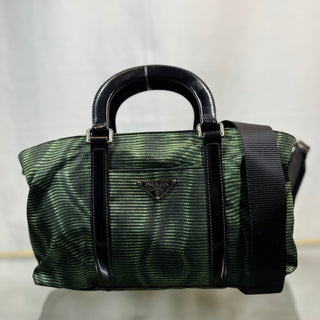 PRADA Black Green Striped Nylon Two-Way Tote Bag