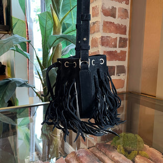SAINT LAURENT Emmanuelle Large Fringe Black Suede Bucket Bag