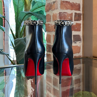 CHRISTIAN LOUBOUTIN Black Leather Spike Chain Pointed-Toe Ankle Booties SZ36.5(6.5US)
