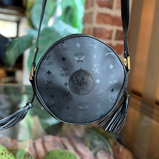 MCM Black Vintage Round Visetos Canvas Crossbody Bag