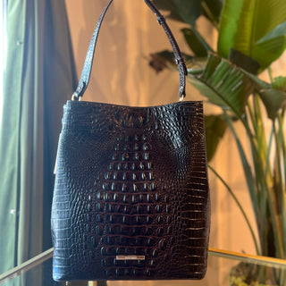 BRAHMIN Amelia Bucket Dark Brown Melbourne Croc Embossed Leather Bucket Bag