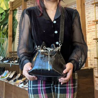 JIMMY CHOO Bon Bon Black Striped Leather Bucket Bag