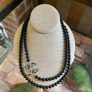CHANEL CC Crystal Embellished Black Faux Pearl Necklace