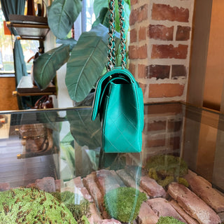 CHANEL Small Classic Double Flap Green Lambskin Quilted Shoulder Bag