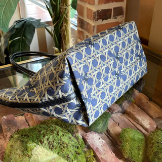 TORY BURCH Blue Basket Weave Print Nylon Tote