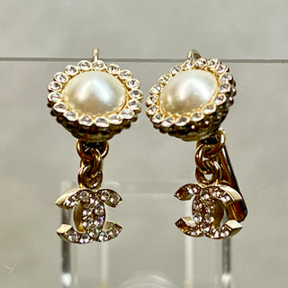 CHANEL Light Gold Crystal CC Lace Camellia Dangle Earrings