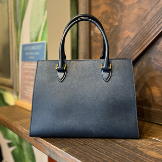 PRADA Small Convertible Open Navy Blue Saffiano Leather Tote Bag