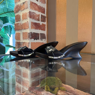 FERRAGAMO Black Leather Wooden Heels SZ 6.5