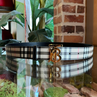 BURBERRY Beige Black Check Canvas TB Buckle Belt SZ6