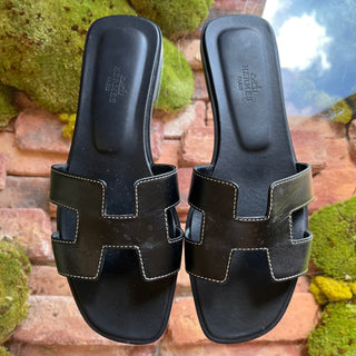 HERMES Black Calfskin Leather Sandals SZ 38.5 (8.5 US)